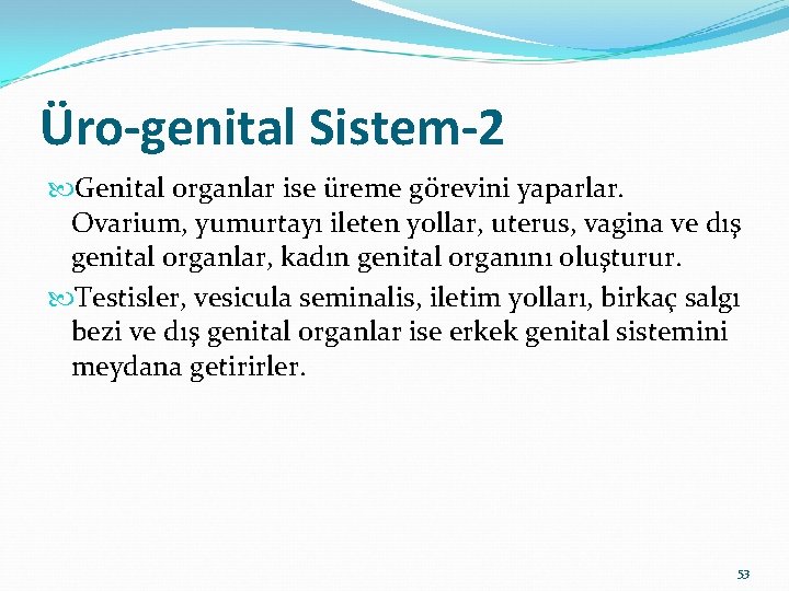 Üro-genital Sistem-2 Genital organlar ise üreme görevini yaparlar. Ovarium, yumurtayı ileten yollar, uterus, vagina