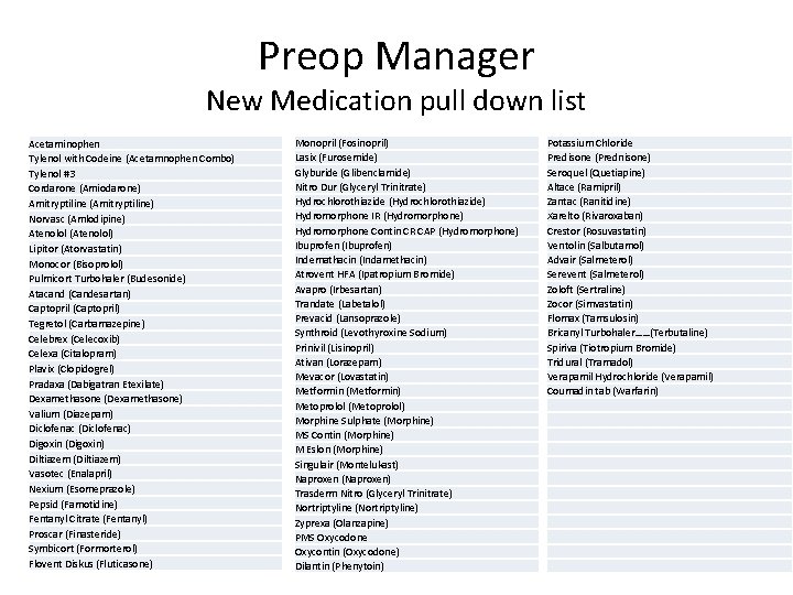 Preop Manager New Medication pull down list Acetaminophen Tylenol with Codeine (Acetamnophen Combo) Tylenol