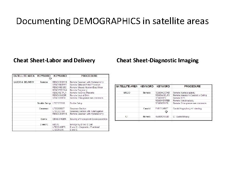 Documenting DEMOGRAPHICS in satellite areas Cheat Sheet-Labor and Delivery Cheat Sheet-Diagnostic Imaging 