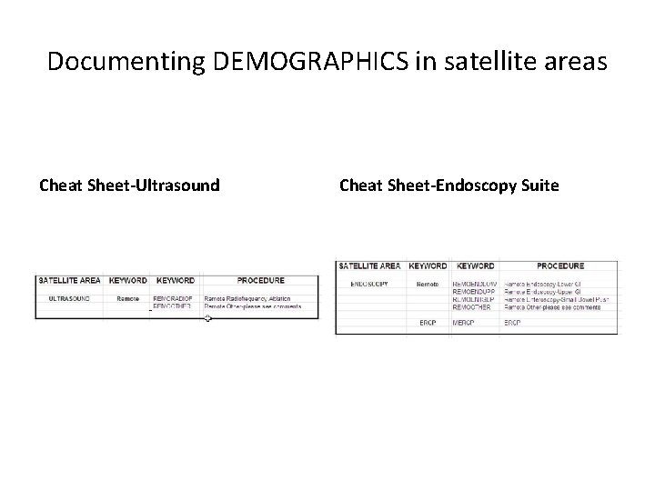 Documenting DEMOGRAPHICS in satellite areas Cheat Sheet-Ultrasound Cheat Sheet-Endoscopy Suite 