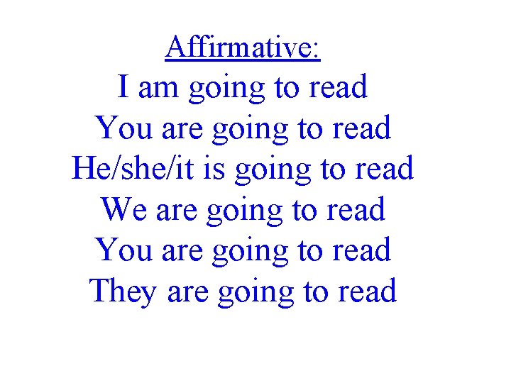 Affirmative: I am going to read You are going to read He/she/it is going