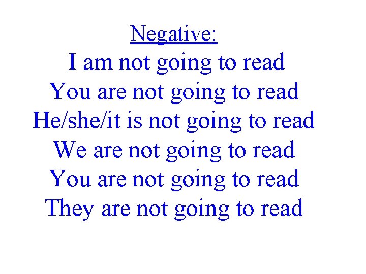 Negative: I am not going to read You are not going to read He/she/it