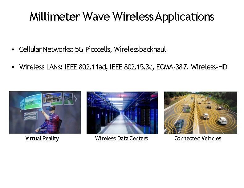 Millimeter Wave Wireless Applications • Cellular Networks: 5 G Picocells, Wireless backhaul • Wireless