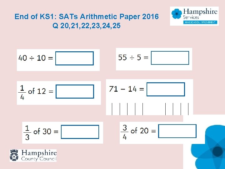 End of KS 1: SATs Arithmetic Paper 2016 Q 20, 21, 22, 23, 24,