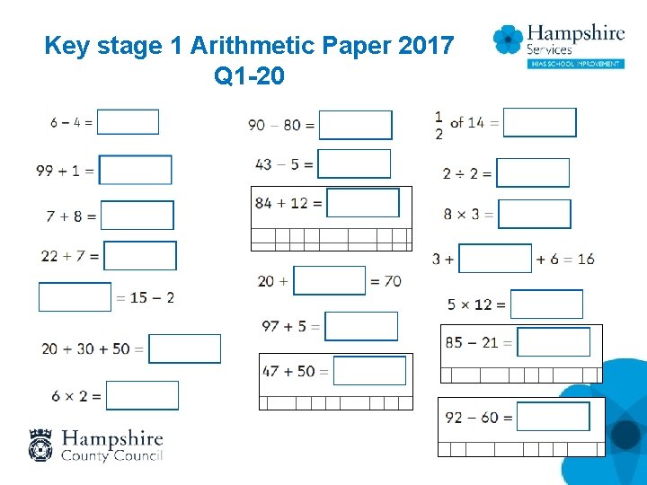 Key stage 1 Arithmetic Paper 2017 Q 1 -20 