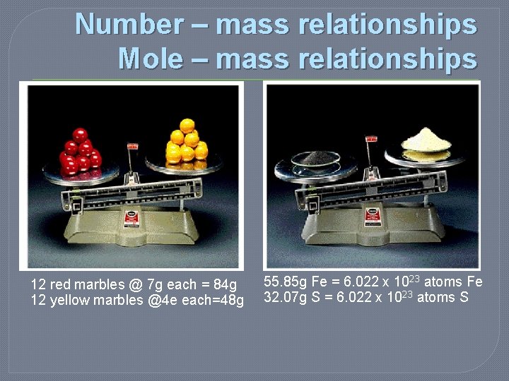 Number – mass relationships Mole – mass relationships 12 red marbles @ 7 g