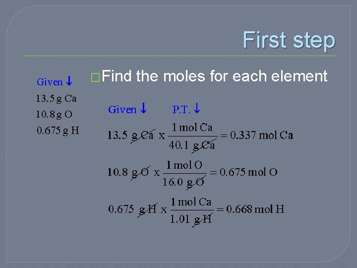 First step �Find the moles for each element 
