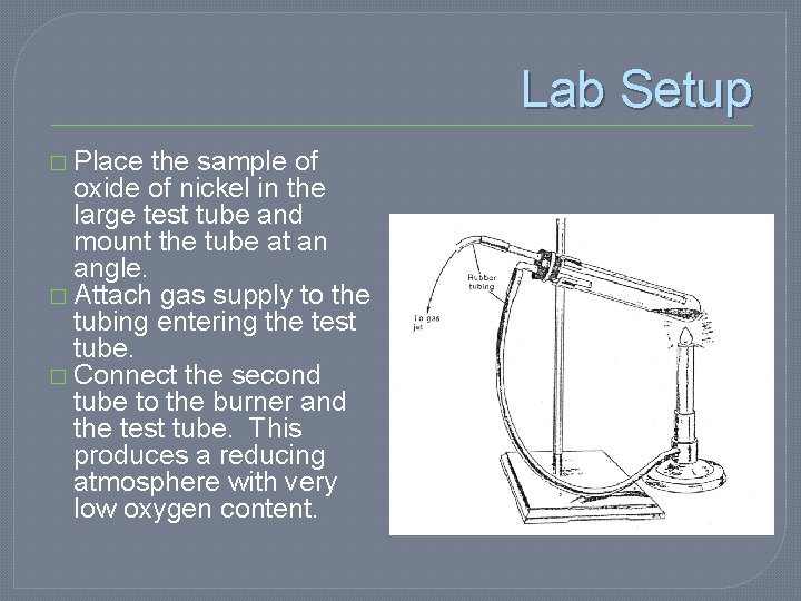 Lab Setup � Place the sample of oxide of nickel in the large test