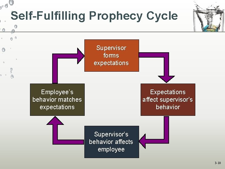 Self-Fulfilling Prophecy Cycle Supervisor forms expectations Employee’s behavior matches expectations Expectations affect supervisor’s behavior