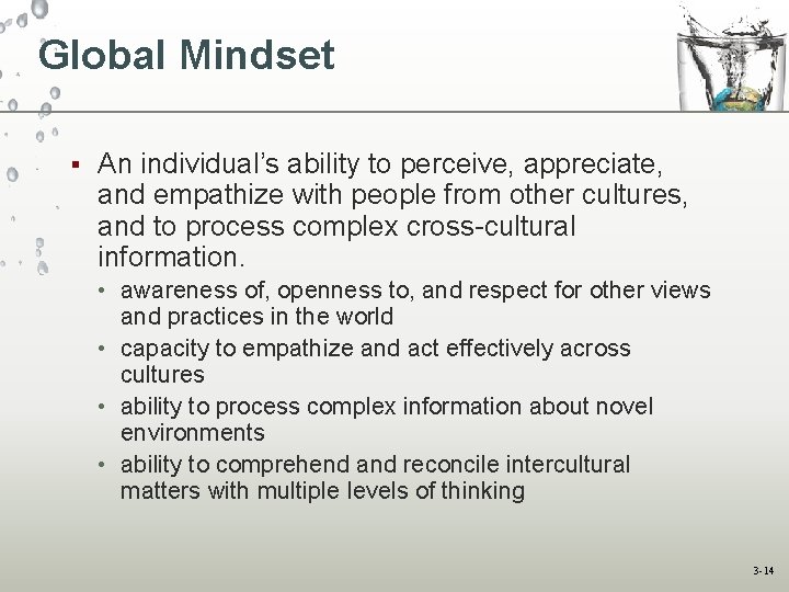 Global Mindset § An individual’s ability to perceive, appreciate, and empathize with people from