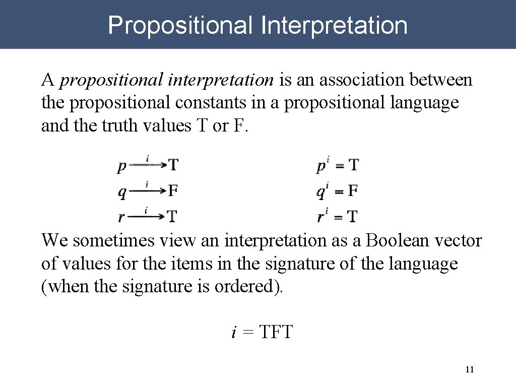Propositional Interpretation A propositional interpretation is an association between the propositional constants in a