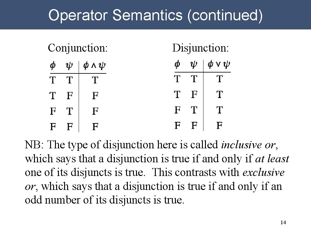 Operator Semantics (continued) Conjunction: Disjunction: NB: The type of disjunction here is called inclusive