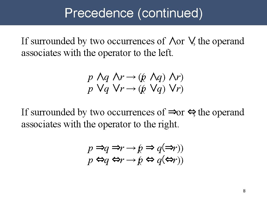 Precedence (continued) If surrounded by two occurrences of ∧or ∨, the operand associates with