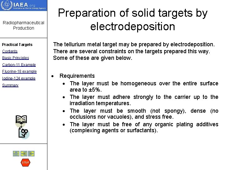 Preparation of solid targets by electrodeposition Radiopharmaceutical Production Practical Targets Contents Basic Principles The