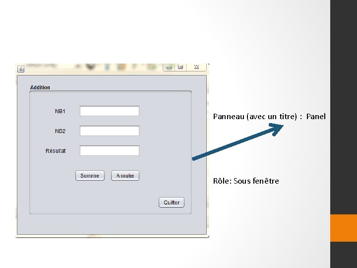 Panneau (avec un titre) : Panel Rôle: Sous fenêtre 
