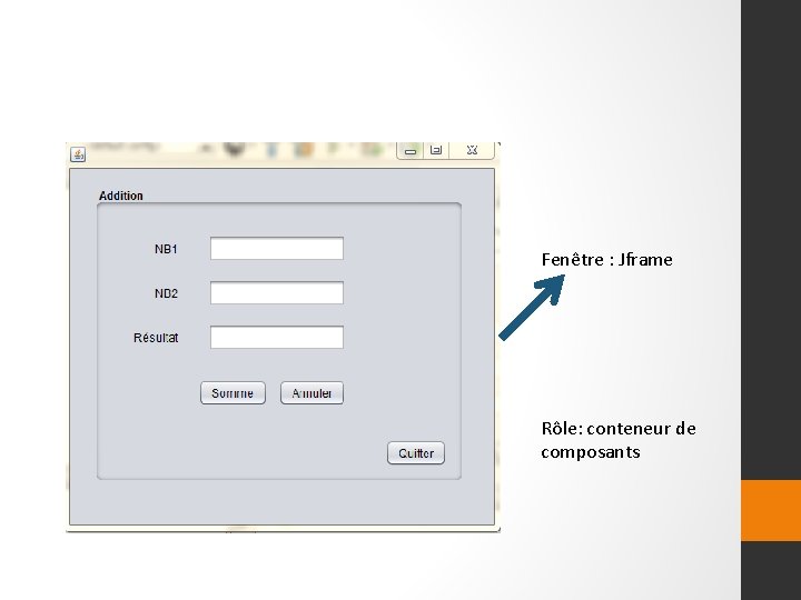 Fenêtre : Jframe Rôle: conteneur de composants 