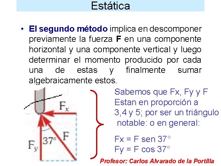 Estática • El segundo método implica en descomponer previamente la fuerza F en una