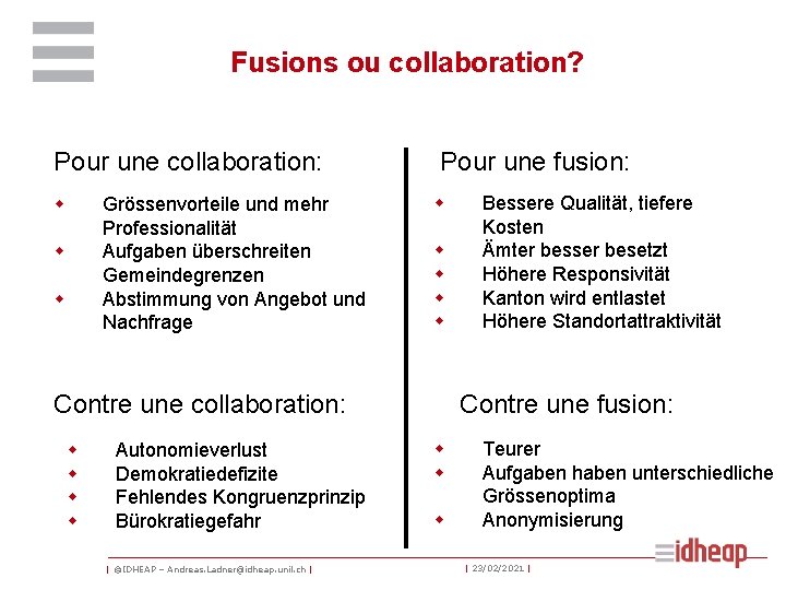 Fusions ou collaboration? Pour une collaboration: w Grössenvorteile und mehr Professionalität Aufgaben überschreiten Gemeindegrenzen