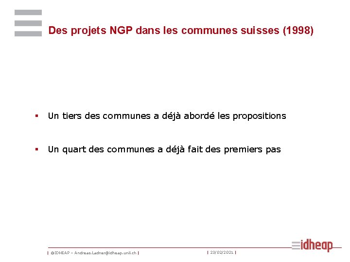 Des projets NGP dans les communes suisses (1998) § Un tiers des communes a