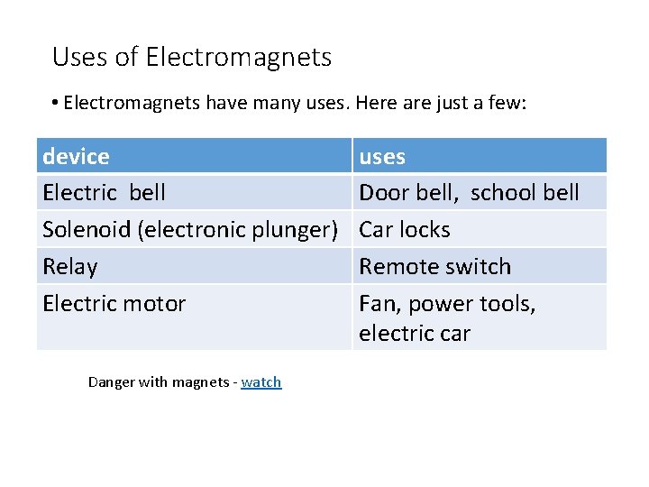 Uses of Electromagnets • Electromagnets have many uses. Here are just a few: device