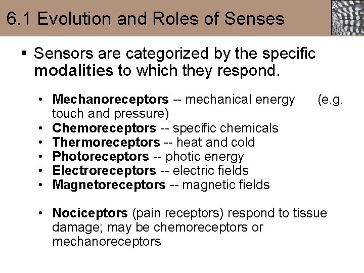 6. 1 Evolution and Roles of Senses § Sensors are categorized by the specific