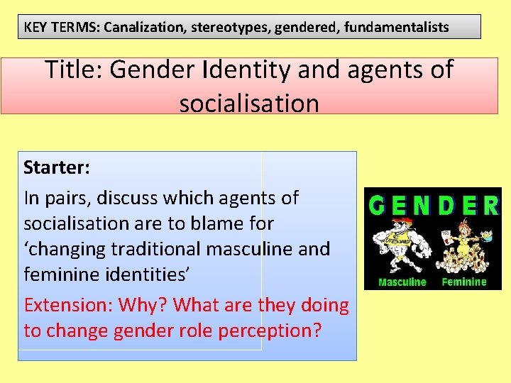 KEY TERMS: Canalization, stereotypes, gendered, fundamentalists Title: Gender Identity and agents of socialisation Starter: