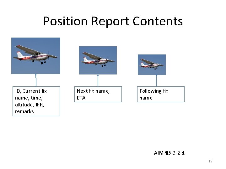 Position Report Contents ID, Current fix name, time, altitude, IFR, remarks Next fix name, Position Report Contents ID, Current fix name, time, altitude, IFR, remarks Next fix name,