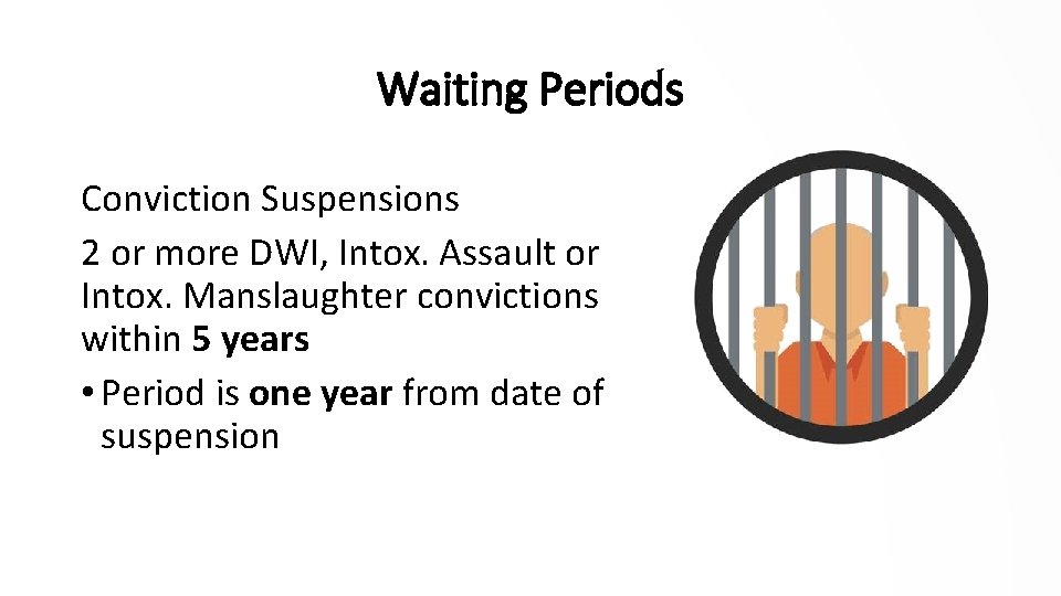 Waiting Periods Conviction Suspensions 2 or more DWI, Intox. Assault or Intox. Manslaughter convictions