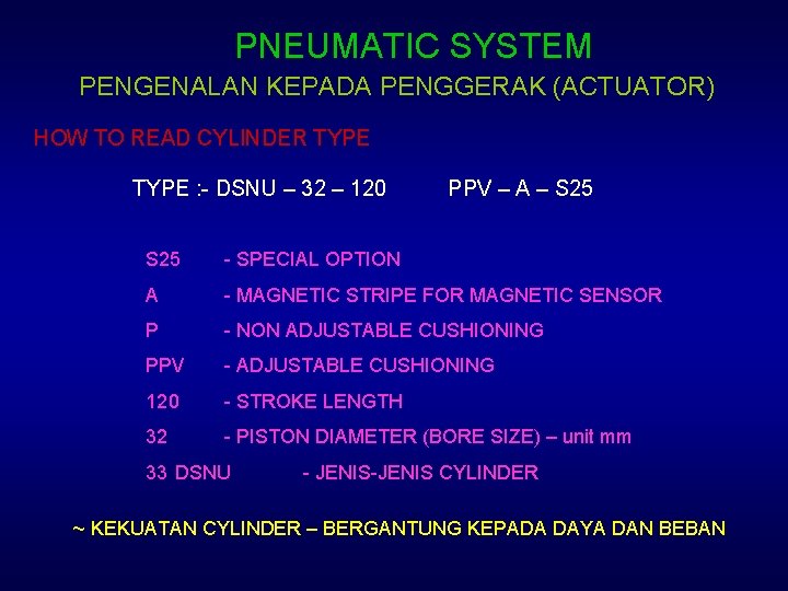 PNEUMATIC SYSTEM PENGENALAN KEPADA PENGGERAK (ACTUATOR) HOW TO READ CYLINDER TYPE : - DSNU