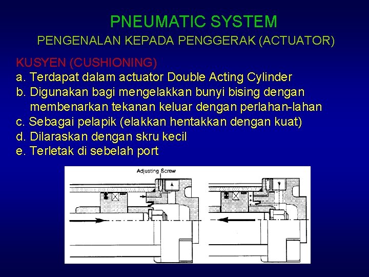 PNEUMATIC SYSTEM PENGENALAN KEPADA PENGGERAK (ACTUATOR) KUSYEN (CUSHIONING) a. Terdapat dalam actuator Double Acting