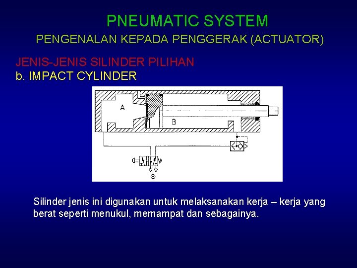 PNEUMATIC SYSTEM PENGENALAN KEPADA PENGGERAK (ACTUATOR) JENIS-JENIS SILINDER PILIHAN b. IMPACT CYLINDER Silinder jenis