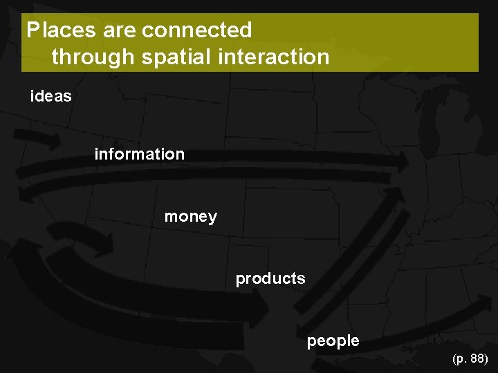 Places are connected through spatial interaction ideas information money products people (p. 88) Places are connected through spatial interaction ideas information money products people (p. 88)