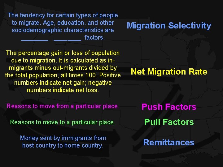 The tendency for certain types of people to migrate. Age, education, and other sociodemographic The tendency for certain types of people to migrate. Age, education, and other sociodemographic