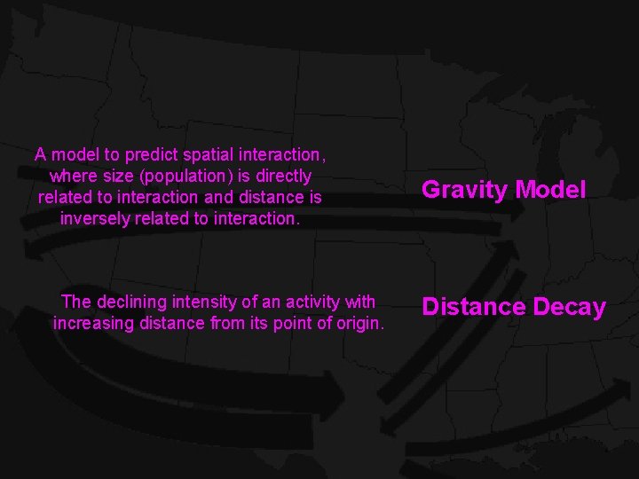 A model to predict spatial interaction, where size (population) is directly related to interaction A model to predict spatial interaction, where size (population) is directly related to interaction
