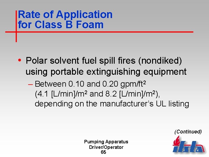 Rate of Application for Class B Foam • Polar solvent fuel spill fires (nondiked)