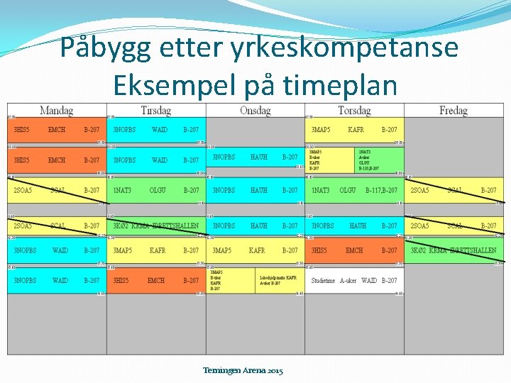 Påbygg etter yrkeskompetanse Eksempel på timeplan Terningen Arena 2015 