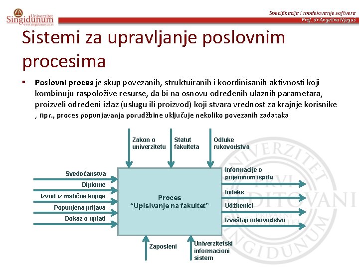 Specifikacija i modelovanje softvera Prof. dr Angelina Njeguš Sistemi za upravljanje poslovnim procesima §