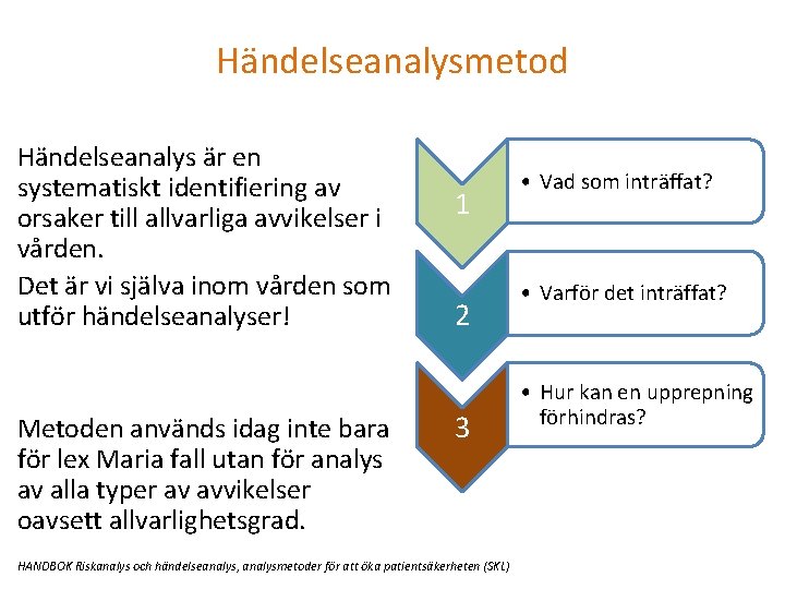 Händelseanalysmetod Händelseanalys är en systematiskt identifiering av orsaker till allvarliga avvikelser i vården. Det