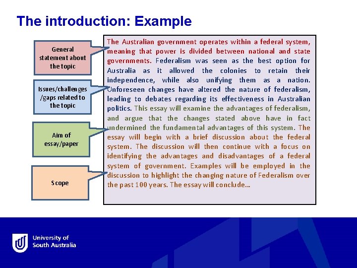 The introduction: Example General statement about the topic Issues/challenges /gaps related to the topic