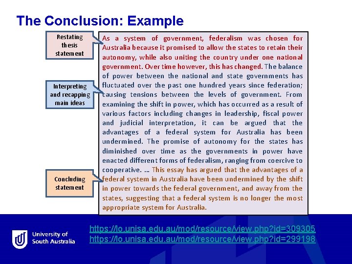 The Conclusion: Example Restating thesis statement Interpreting and recapping main ideas Concluding statement As