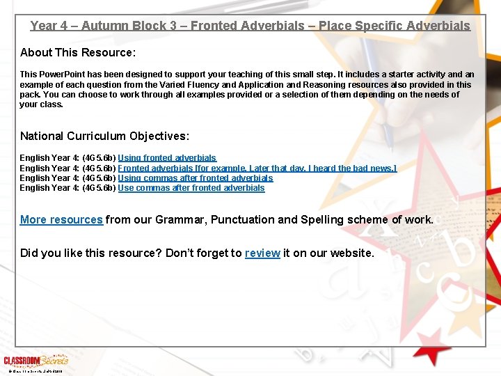 Year 4 – Autumn Block 3 – Fronted Adverbials – Place Specific Adverbials About