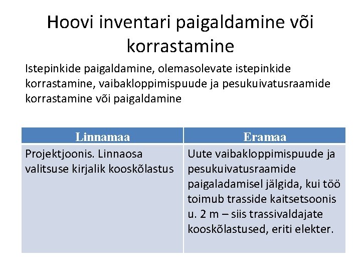 Hoovi inventari paigaldamine või korrastamine Istepinkide paigaldamine, olemasolevate istepinkide korrastamine, vaibakloppimispuude ja pesukuivatusraamide korrastamine