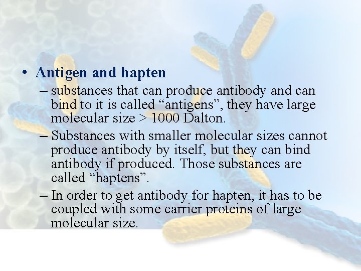  • Antigen and hapten – substances that can produce antibody and can bind