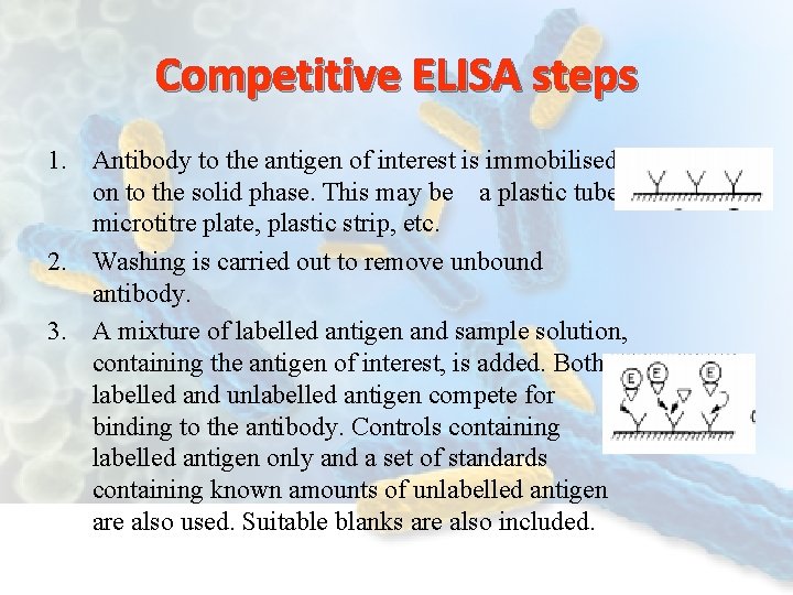Competitive ELISA steps 1. Antibody to the antigen of interest is immobilised on to