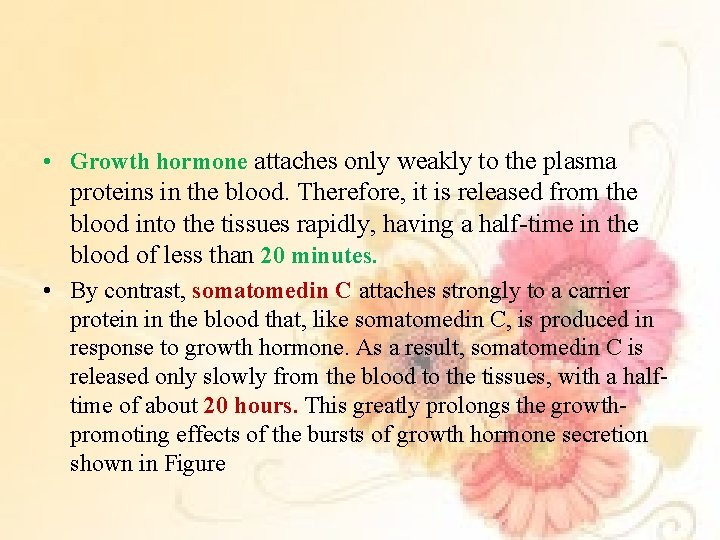  • Growth hormone attaches only weakly to the plasma proteins in the blood.