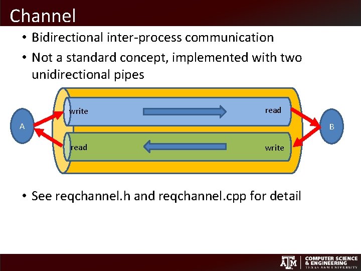 Channel • Bidirectional inter-process communication • Not a standard concept, implemented with two unidirectional Channel • Bidirectional inter-process communication • Not a standard concept, implemented with two unidirectional