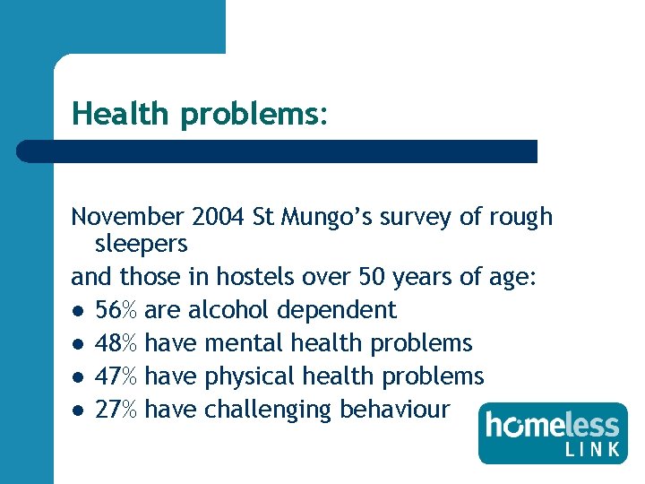 Health problems: November 2004 St Mungo’s survey of rough sleepers and those in hostels