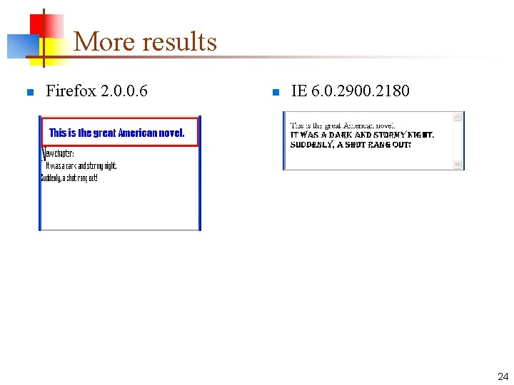 More results n Firefox 2. 0. 0. 6 n IE 6. 0. 2900. 2180