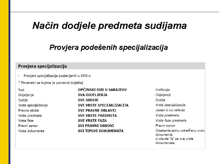 Način dodjele predmeta sudijama Provjera podešenih specijalizacija 