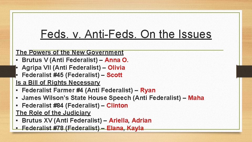 Feds. v. Anti-Feds. On the Issues The Powers of the New Government • Brutus